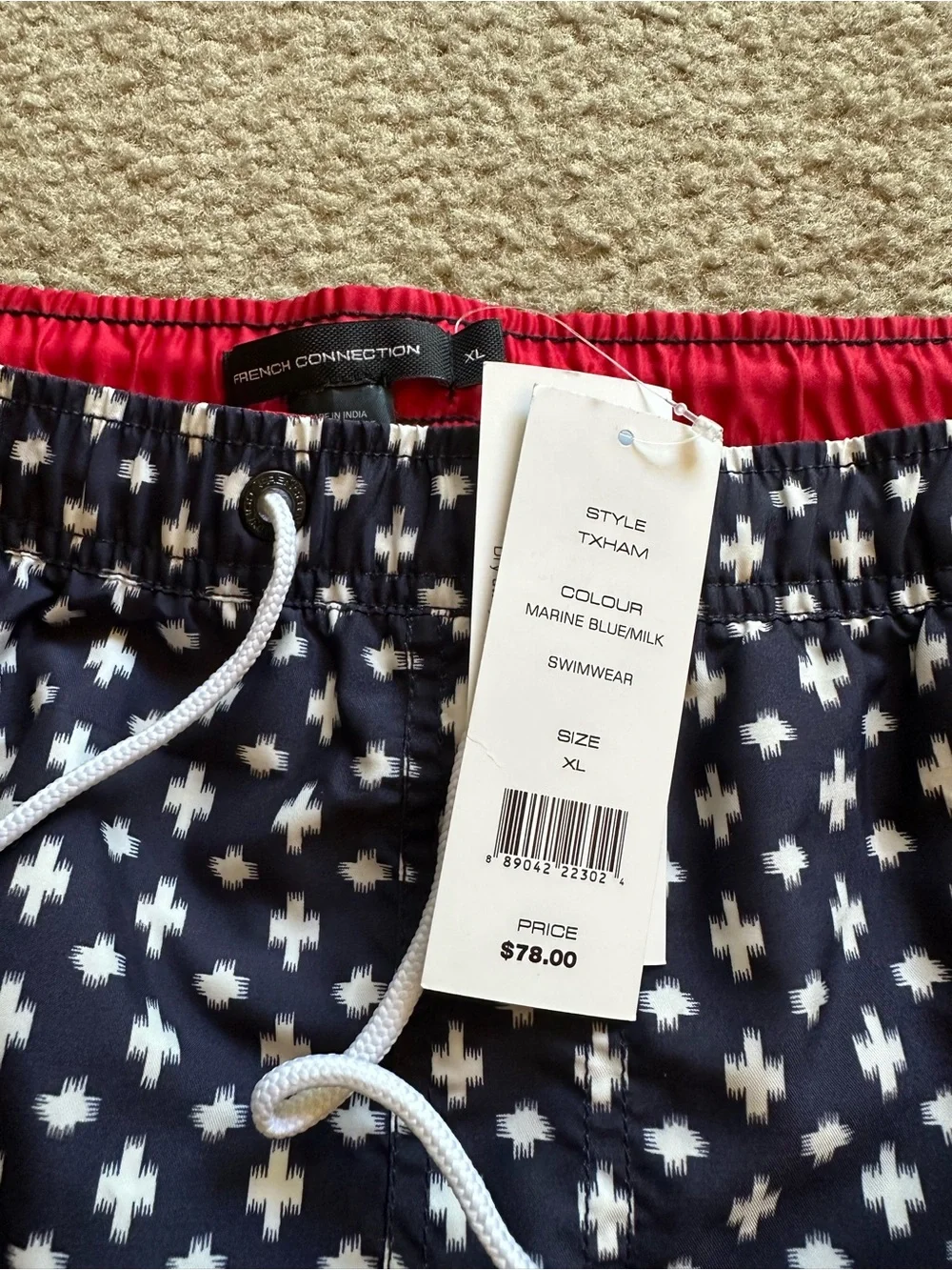 French Connection Men’s Navy Swim Shorts with White Plus Pattern XL Ret. $79 NWT